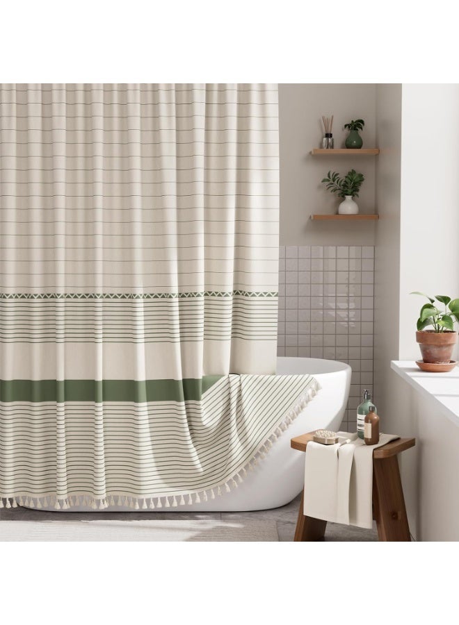 AuliceVerse Ramadan Home Refresh Essential – Green Imitation Linen Tassel Shower Curtain, Solid Color & Waterproof for a Simple, Fresh Bathroom - Image 2